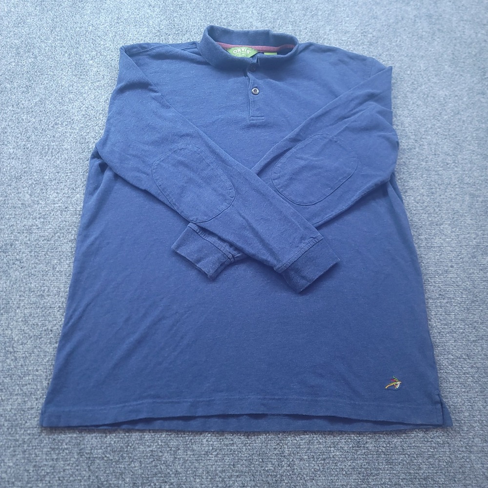 Vintage Orvis Mens Blue Long Sleeve Polo Elbow Patches Cotton Fly Logo Size L